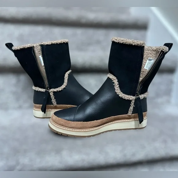 TOMS Makenna Black Leather Mid-Cath Shearling Boots Women’s 6 Style #10014172 - Picture 9 of 16